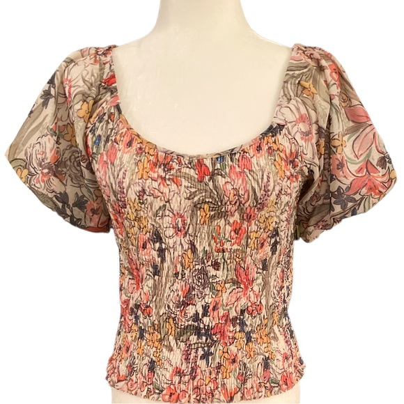 Anthropologie Aurelia Smocked Floral Puff Sleeve Cropped Crinkle Top - S - Picture 4 of 14